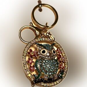 Gold and Blue Owl Keychain with Pink flower Crystals Bagcharm